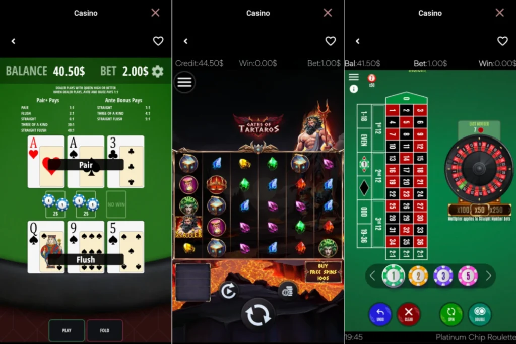 Collage of mobile casino screens showing card games, slots and roulette on a phone