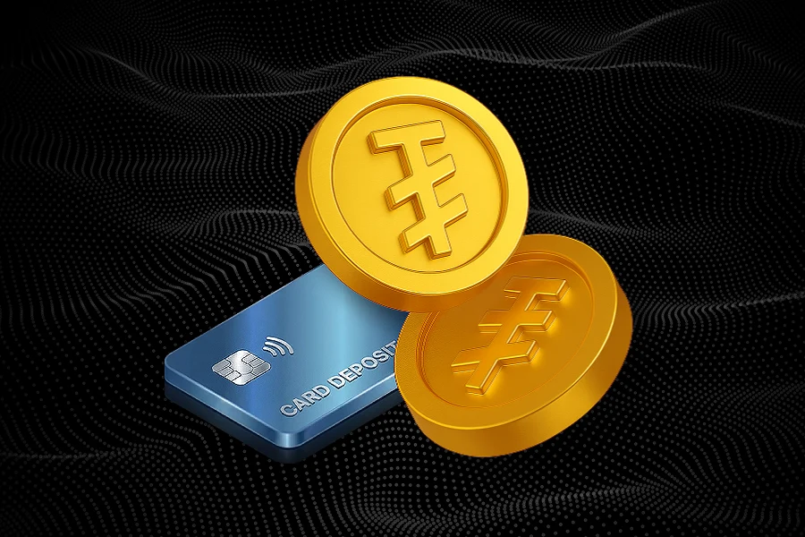 Fast USDT payments illustration with a gold Tether coin and a bank card